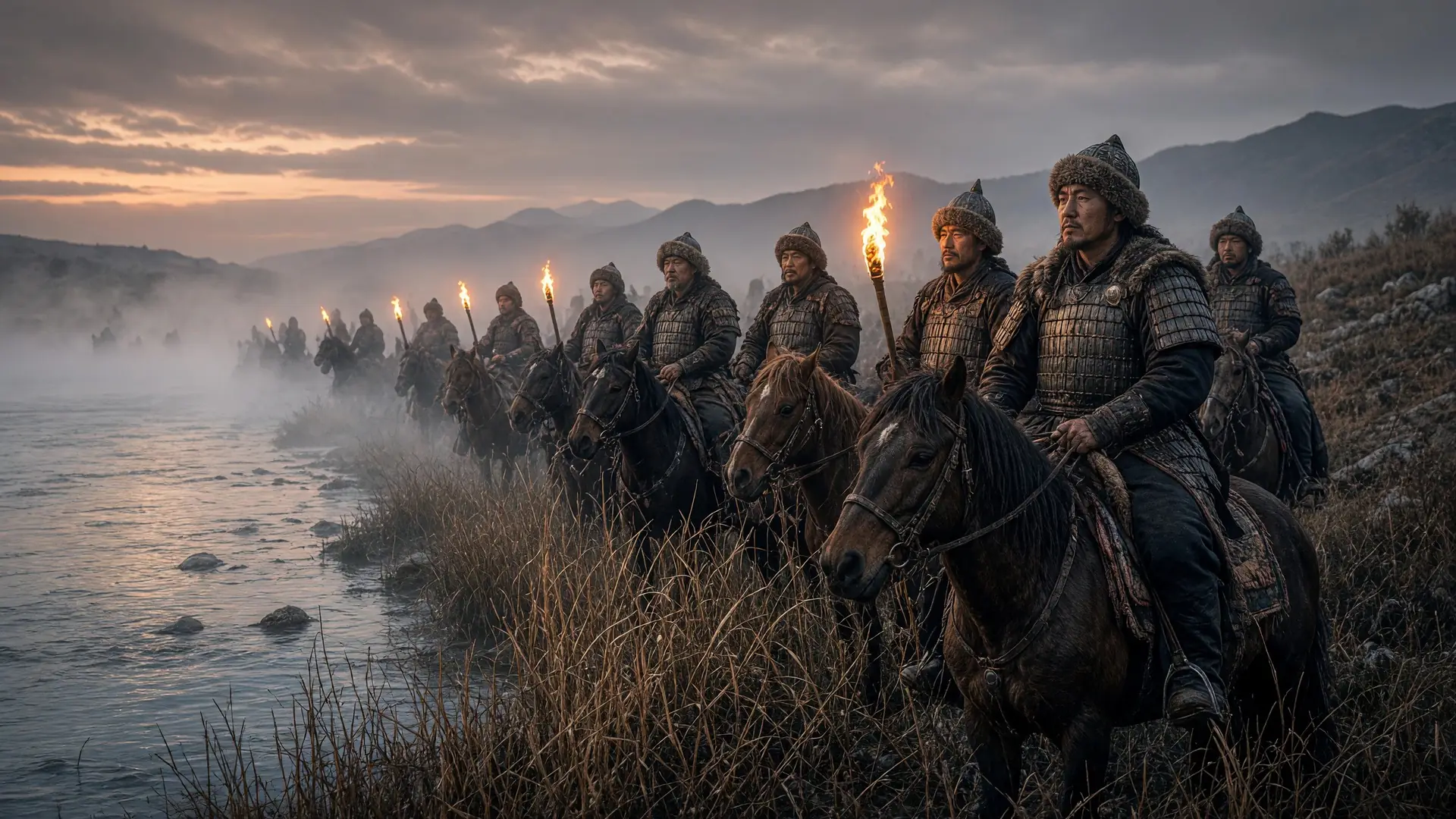 Painted scene of Mongol riders with torches crossing a misty river at dusk