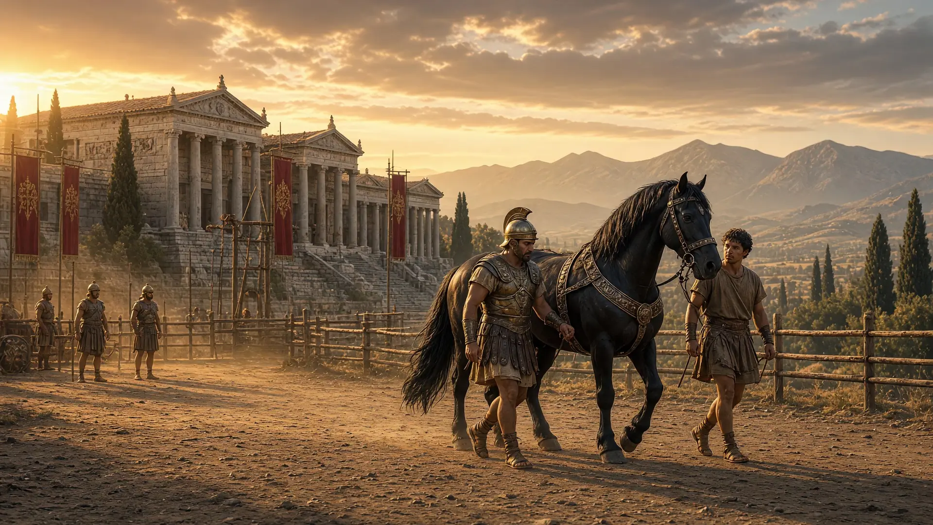 Painted scene of a young Alexander leading a horse past a Macedonian palace at sunset
