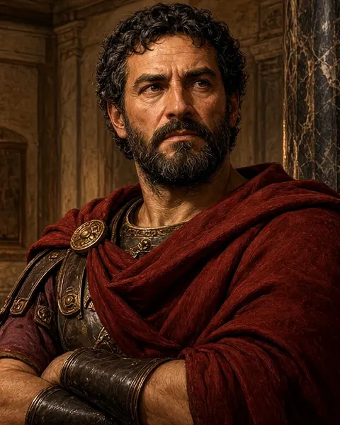 Painted portrait of Augustus Caesar in a red cloak inside a lamp-lit Roman hall