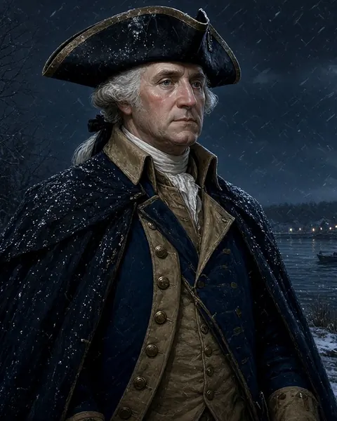 Painted portrait of George Washington in a tricorn hat on a stormy night by the river