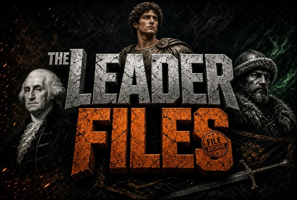 The Leader Files logo with painted portraits of George Washington, Alexander the Great and Genghis Khan